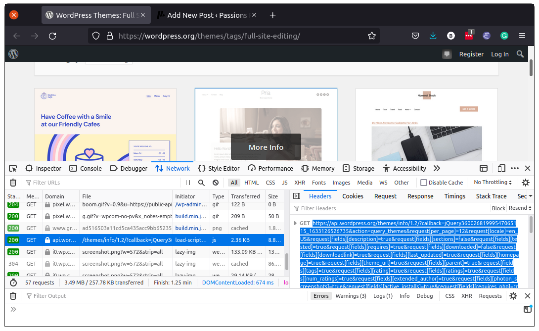 A screenshot of investigating the requests made by api.wordpress.org